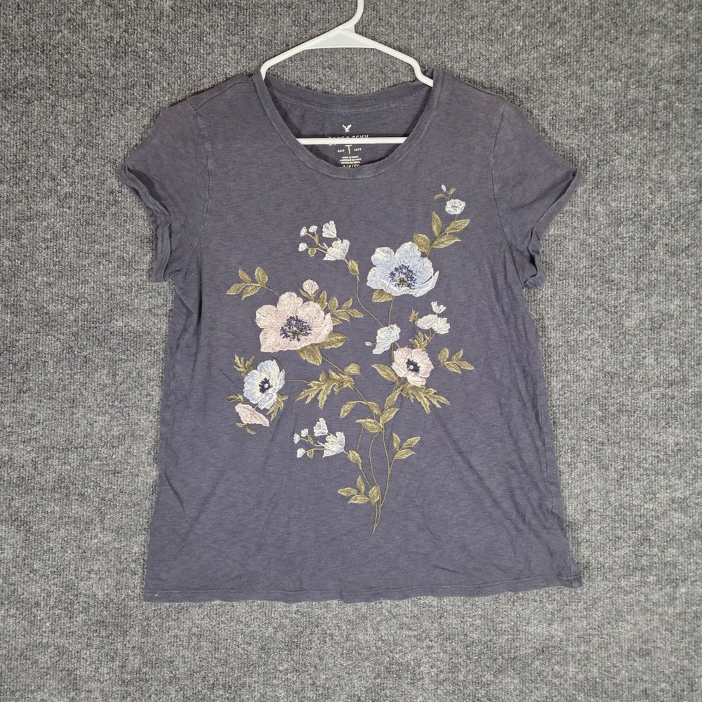 American Eagle Soft & Sexy Embroidered Floral T-Shirt Womens Small Gray S/S Tee
